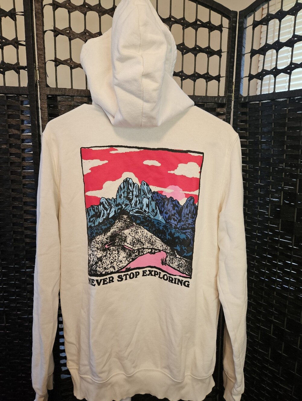 The North Face Men's Cream Graphic Hoodie with Blue Logo